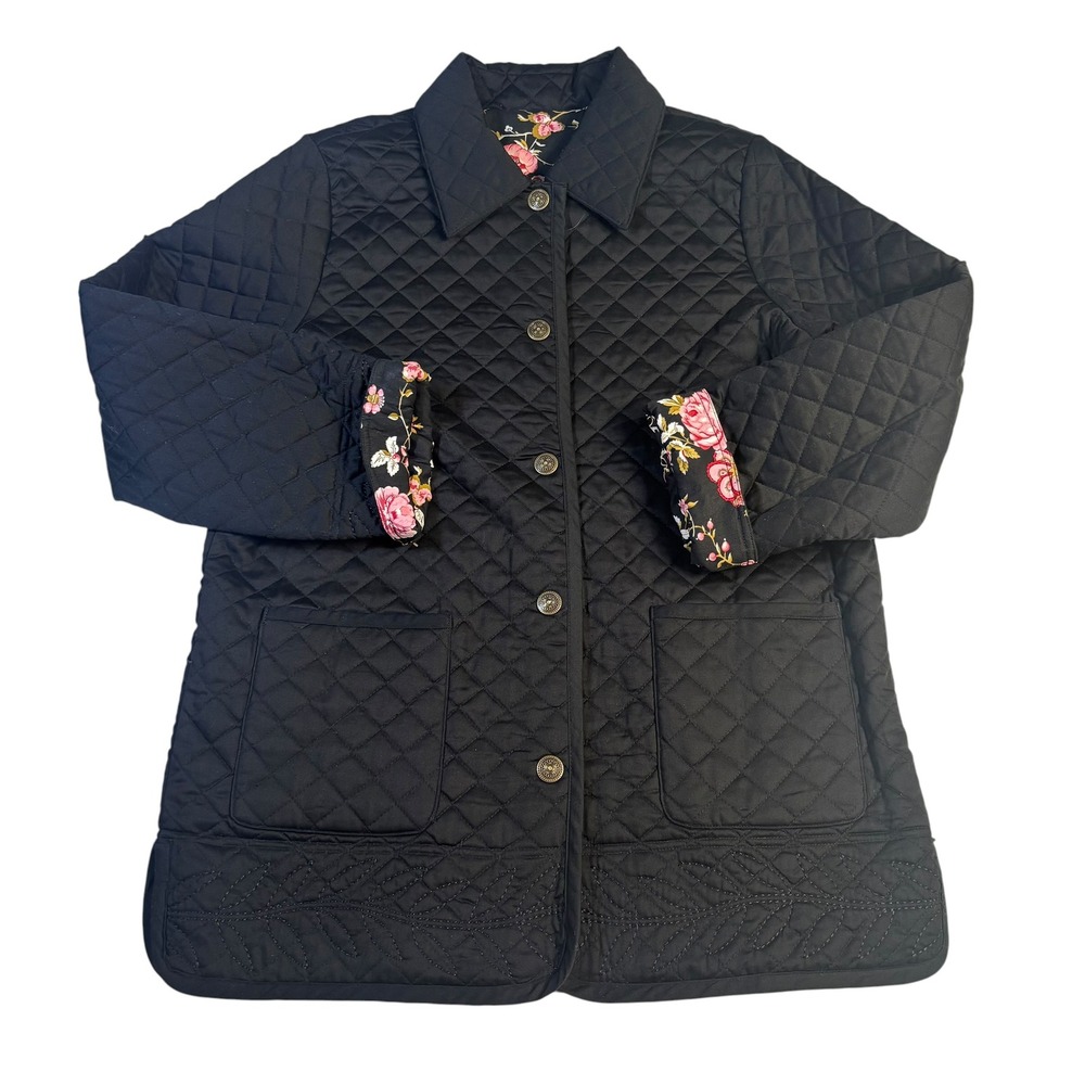 Womens Black Diamond Quilted Jacket Floral Lining Embroidered Barn Coat L